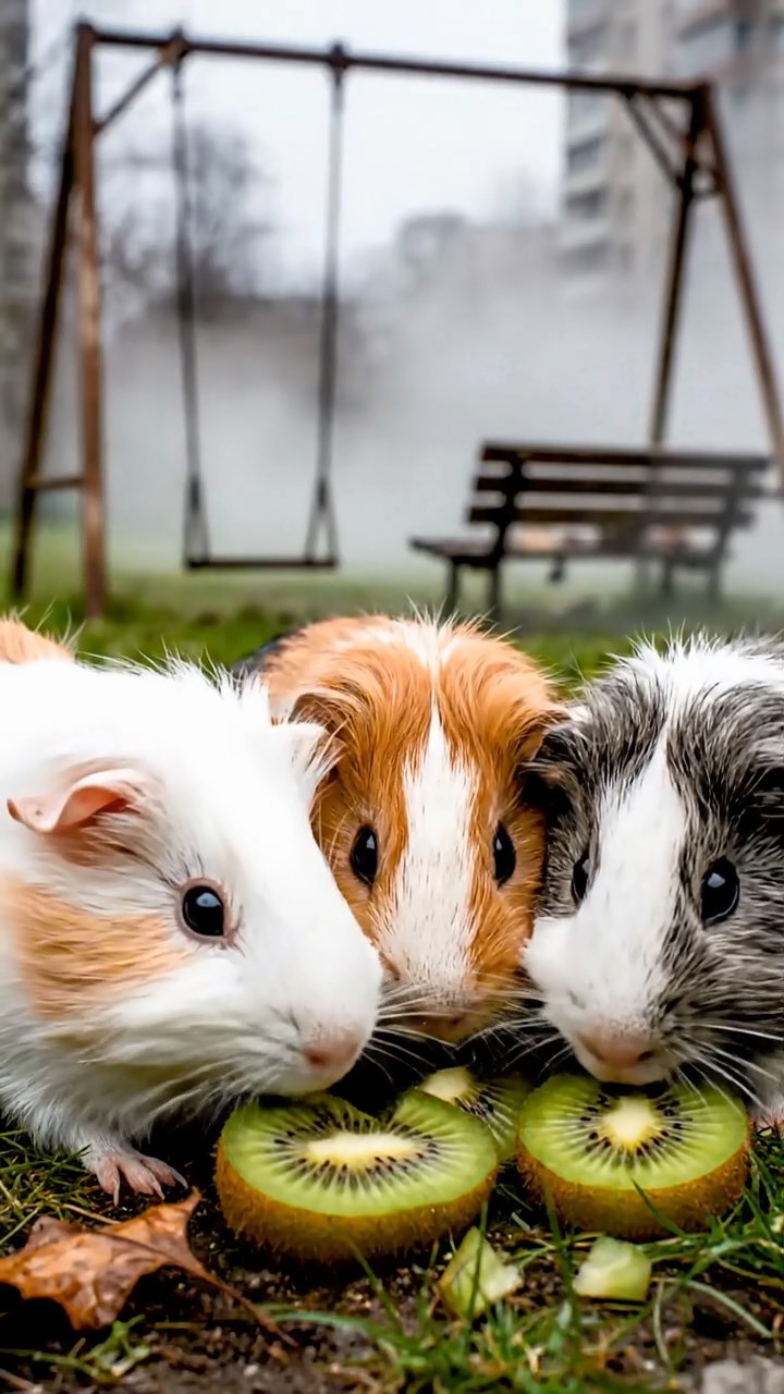 868. Realistic scene of 3 smooth-haired Californian guinea pigs with Chocolate, Cinnamon, and Gray fur, grooming each other in a lush meadow with scattered wildflowers and a babbling brook, under golden sunlight, enhancing the authentic, social atmosphere.
