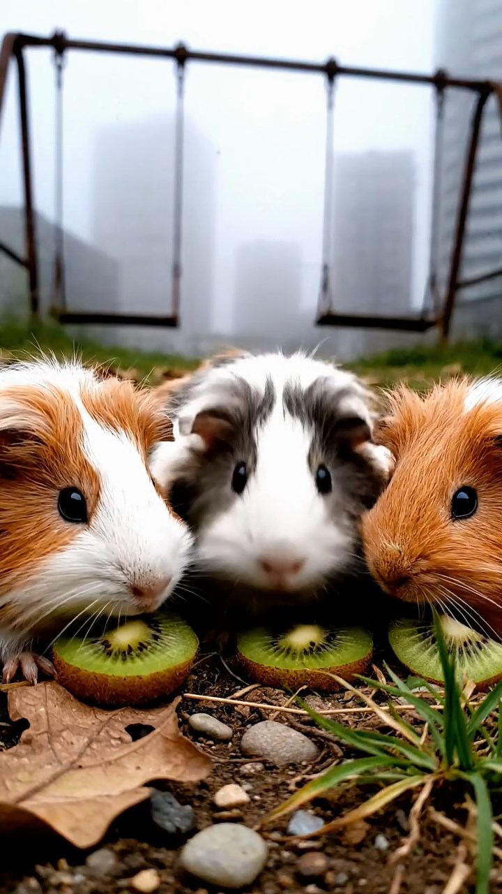 868. Realistic scene of 3 smooth-haired Californian guinea pigs with Chocolate, Cinnamon, and Gray fur, grooming each other in a lush meadow with scattered wildflowers and a babbling brook, under golden sunlight, enhancing the authentic, social atmosphere.
