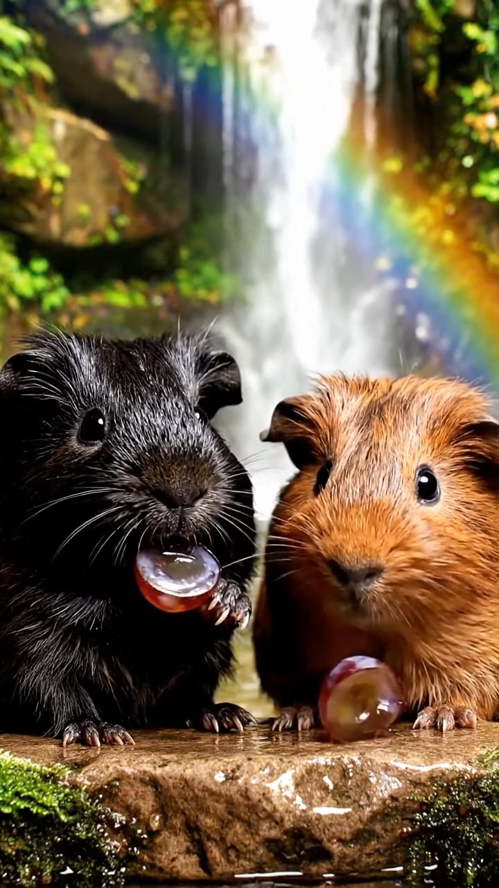 868. Realistic scene of 3 smooth-haired Californian guinea pigs with Chocolate, Cinnamon, and Gray fur, grooming each other in a lush meadow with scattered wildflowers and a babbling brook, under golden sunlight, enhancing the authentic, social atmosphere.