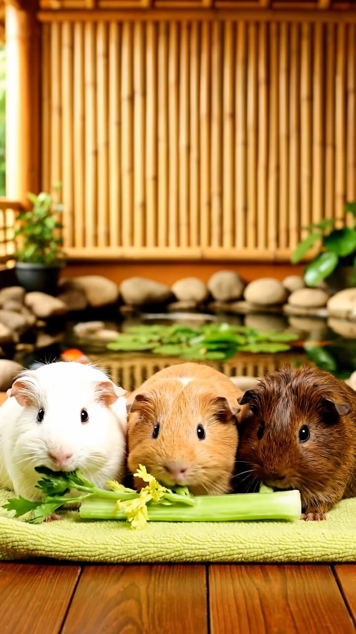 871. Highly detailed view of 1 smooth-haired Himalayan guinea pig with White fur, munching on bell peppers, in a vibrant vegetable garden with rows of tomatoes and lettuce, under bright sunlight, creating a realistic, colorful rural scene.