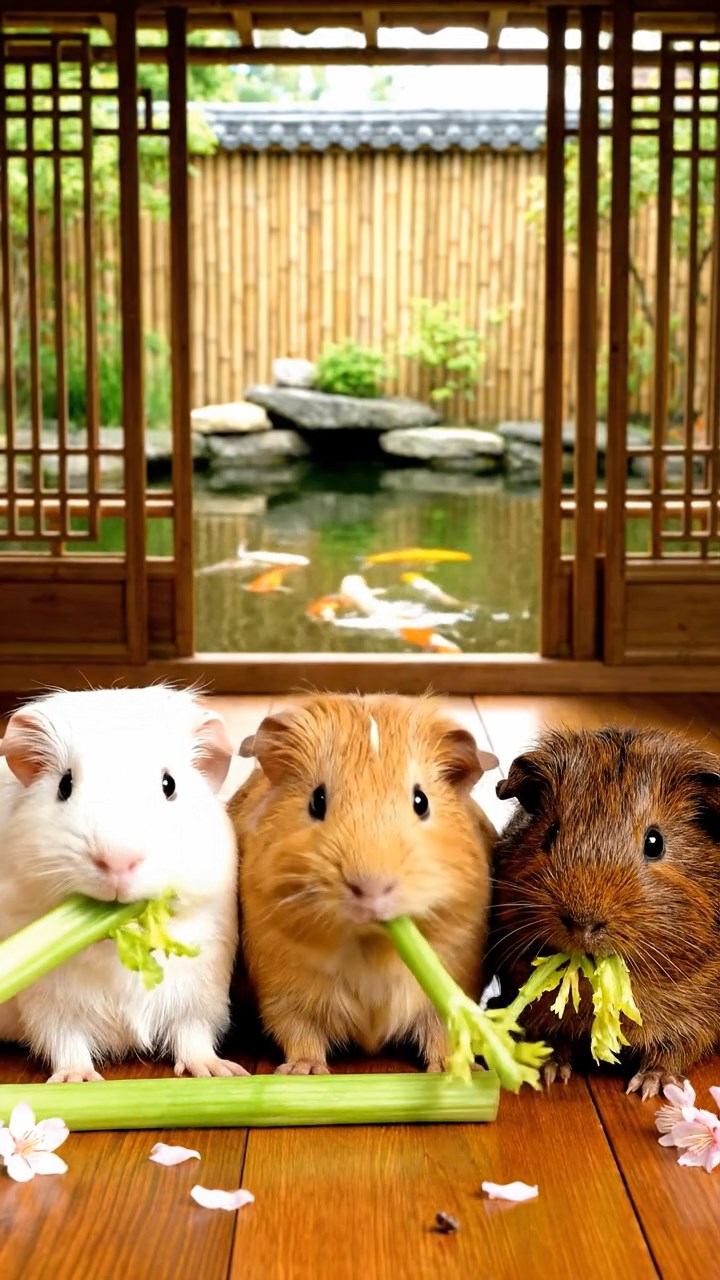 871. Highly detailed view of 1 smooth-haired Himalayan guinea pig with White fur, munching on bell peppers, in a vibrant vegetable garden with rows of tomatoes and lettuce, under bright sunlight, creating a realistic, colorful rural scene.