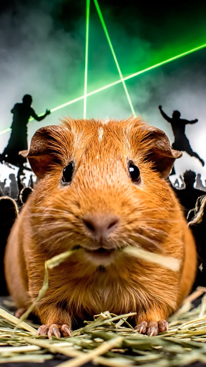 871. Highly detailed view of 1 smooth-haired Himalayan guinea pig with White fur, munching on bell peppers, in a vibrant vegetable garden with rows of tomatoes and lettuce, under bright sunlight, creating a realistic, colorful rural scene.