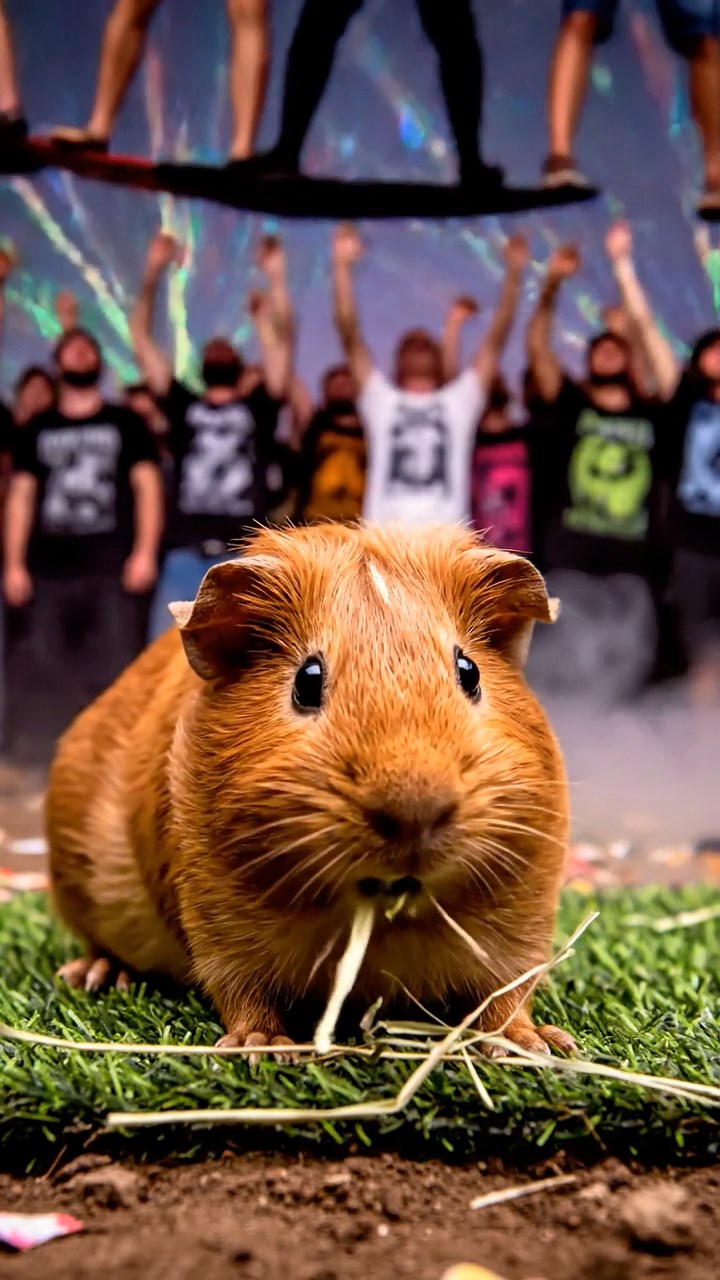 871. Highly detailed view of 1 smooth-haired Himalayan guinea pig with White fur, munching on bell peppers, in a vibrant vegetable garden with rows of tomatoes and lettuce, under bright sunlight, creating a realistic, colorful rural scene.