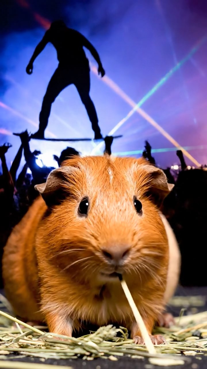 871. Highly detailed view of 1 smooth-haired Himalayan guinea pig with White fur, munching on bell peppers, in a vibrant vegetable garden with rows of tomatoes and lettuce, under bright sunlight, creating a realistic, colorful rural scene.