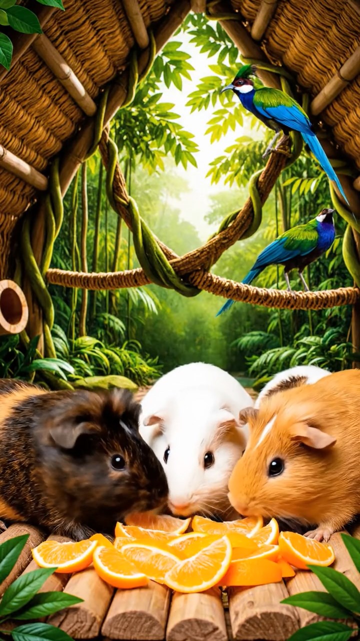 872. Realistic scene of 2 smooth-haired Californian guinea pigs with Orange and Black fur, dressed as tailors in tiny vests, sewing miniature shirts in a guinea pig atelier with colorful fabrics and hay mannequins, under warm lamplight, enhancing the lifelike, creative atmosphere.