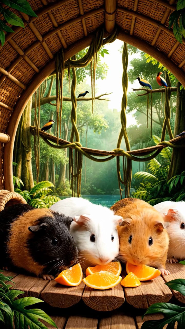 872. Realistic scene of 2 smooth-haired Californian guinea pigs with Orange and Black fur, dressed as tailors in tiny vests, sewing miniature shirts in a guinea pig atelier with colorful fabrics and hay mannequins, under warm lamplight, enhancing the lifelike, creative atmosphere.
