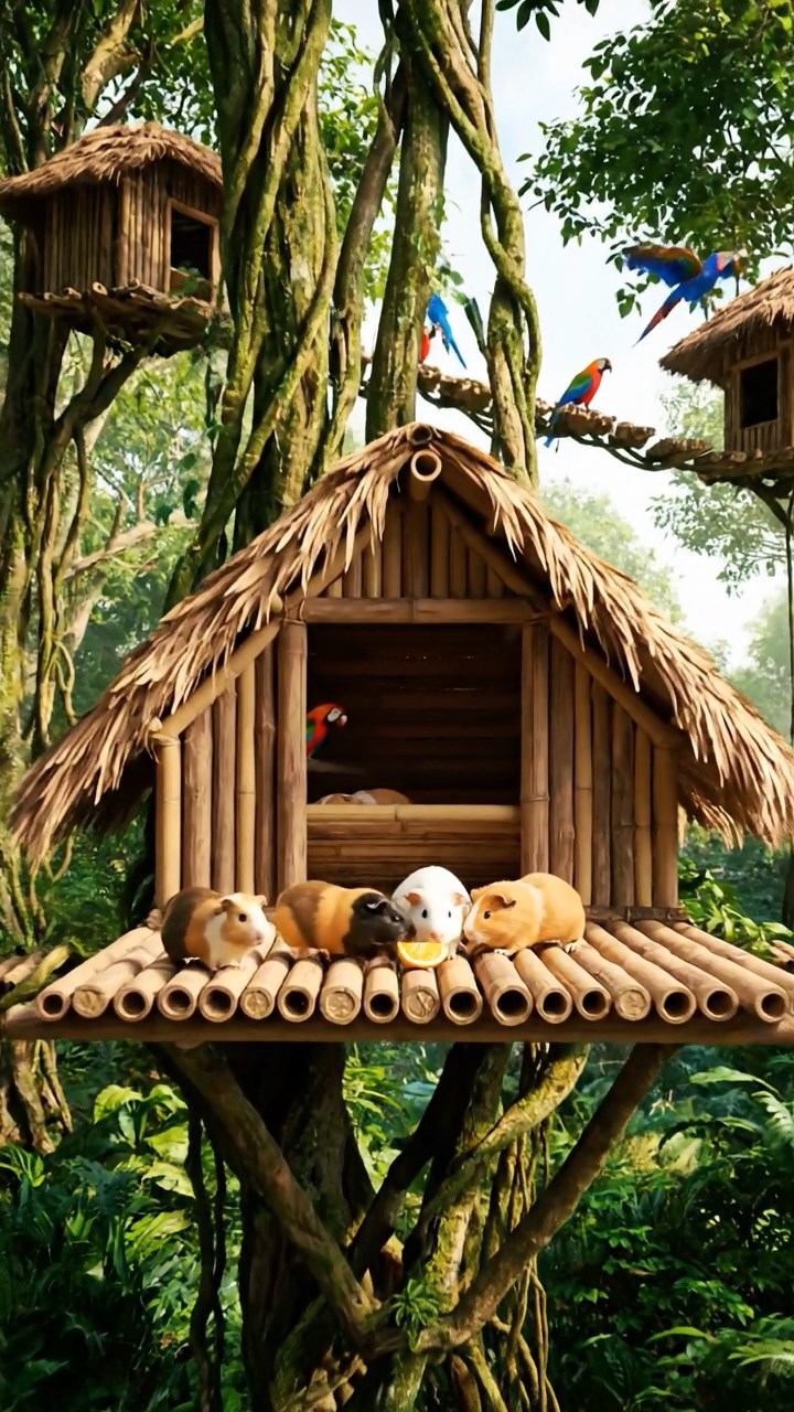 872. Realistic scene of 2 smooth-haired Californian guinea pigs with Orange and Black fur, dressed as tailors in tiny vests, sewing miniature shirts in a guinea pig atelier with colorful fabrics and hay mannequins, under warm lamplight, enhancing the lifelike, creative atmosphere.