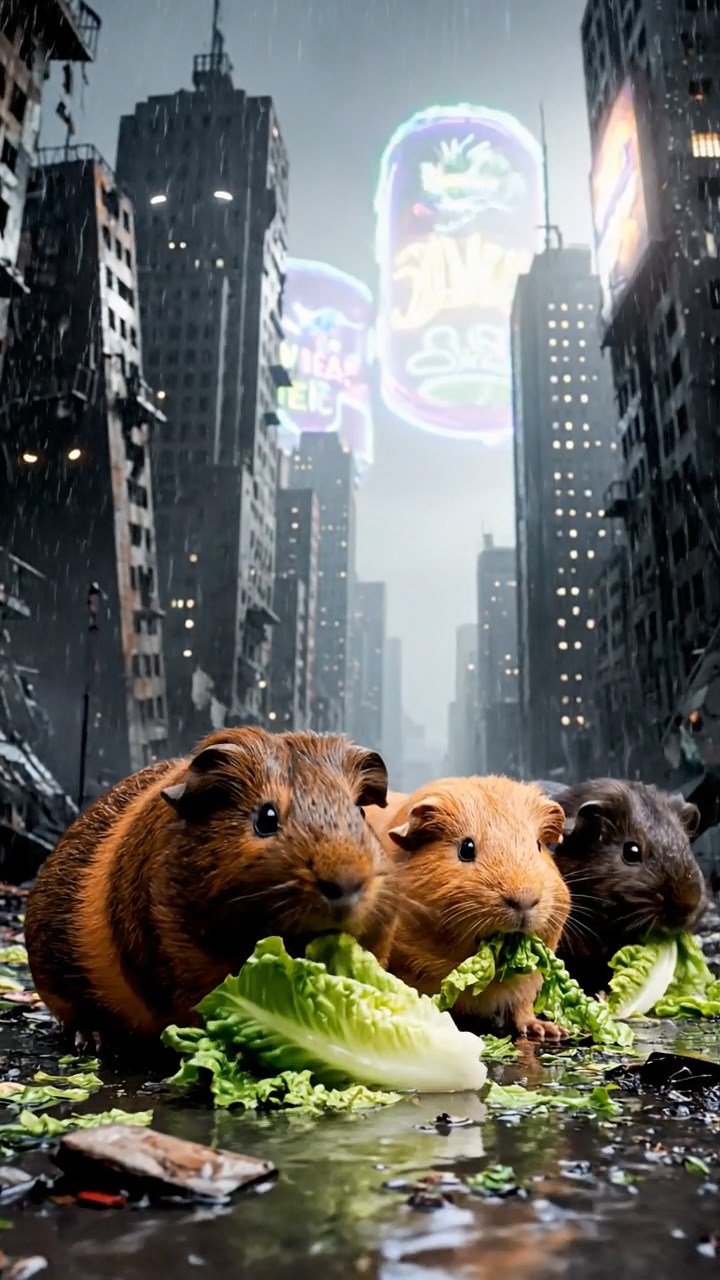 875. Highly detailed view of 5 smooth-haired Himalayan guinea pigs with White, Orange, Gray, Black, and Brown fur, foraging for wild herbs in a lush meadow with wildflowers and a babbling brook, under soft morning light, creating a realistic, serene pastoral scene.