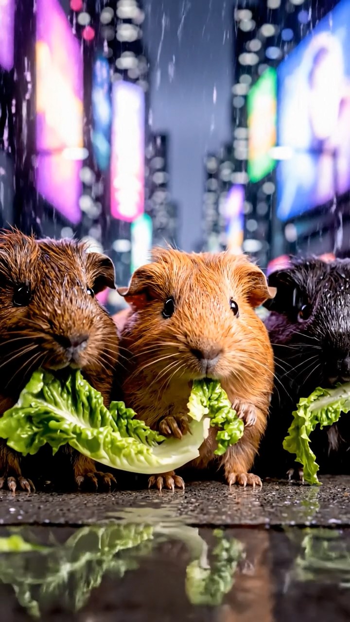 875. Highly detailed view of 5 smooth-haired Himalayan guinea pigs with White, Orange, Gray, Black, and Brown fur, foraging for wild herbs in a lush meadow with wildflowers and a babbling brook, under soft morning light, creating a realistic, serene pastoral scene.