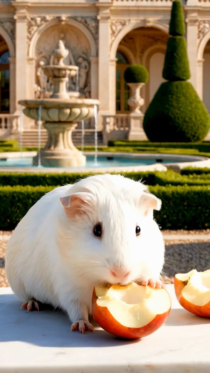 876. Realistic scene of 1 smooth-haired Californian guinea pig with Cream fur, nibbling on strawberries, in a fragrant rose garden with blooming red and white roses, under warm sunlight, capturing a vivid, lifelike romantic moment.