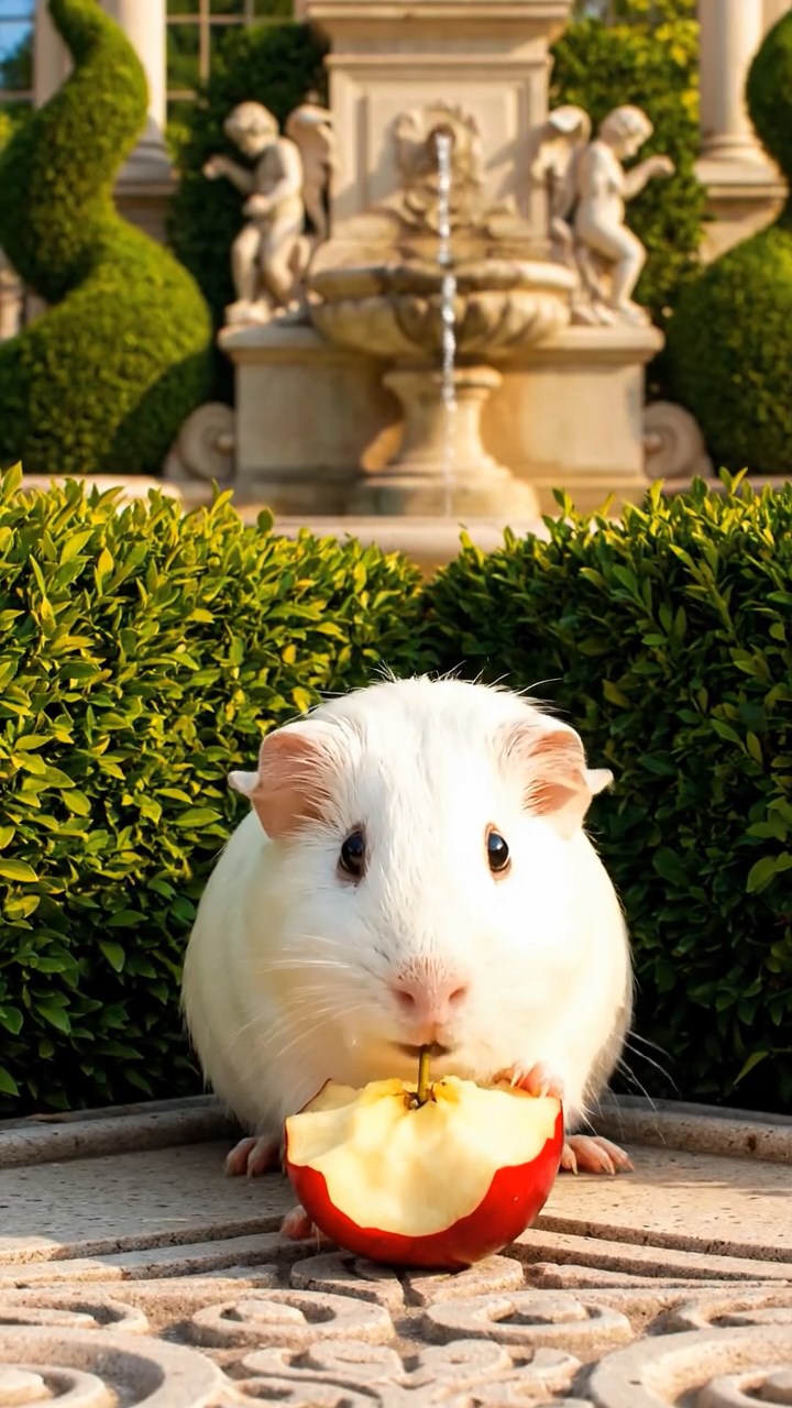 876. Realistic scene of 1 smooth-haired Californian guinea pig with Cream fur, nibbling on strawberries, in a fragrant rose garden with blooming red and white roses, under warm sunlight, capturing a vivid, lifelike romantic moment.