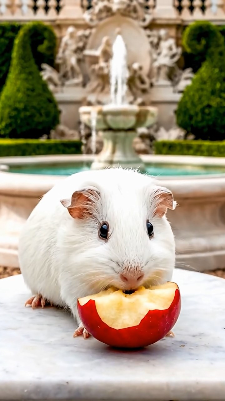 876. Realistic scene of 1 smooth-haired Californian guinea pig with Cream fur, nibbling on strawberries, in a fragrant rose garden with blooming red and white roses, under warm sunlight, capturing a vivid, lifelike romantic moment.