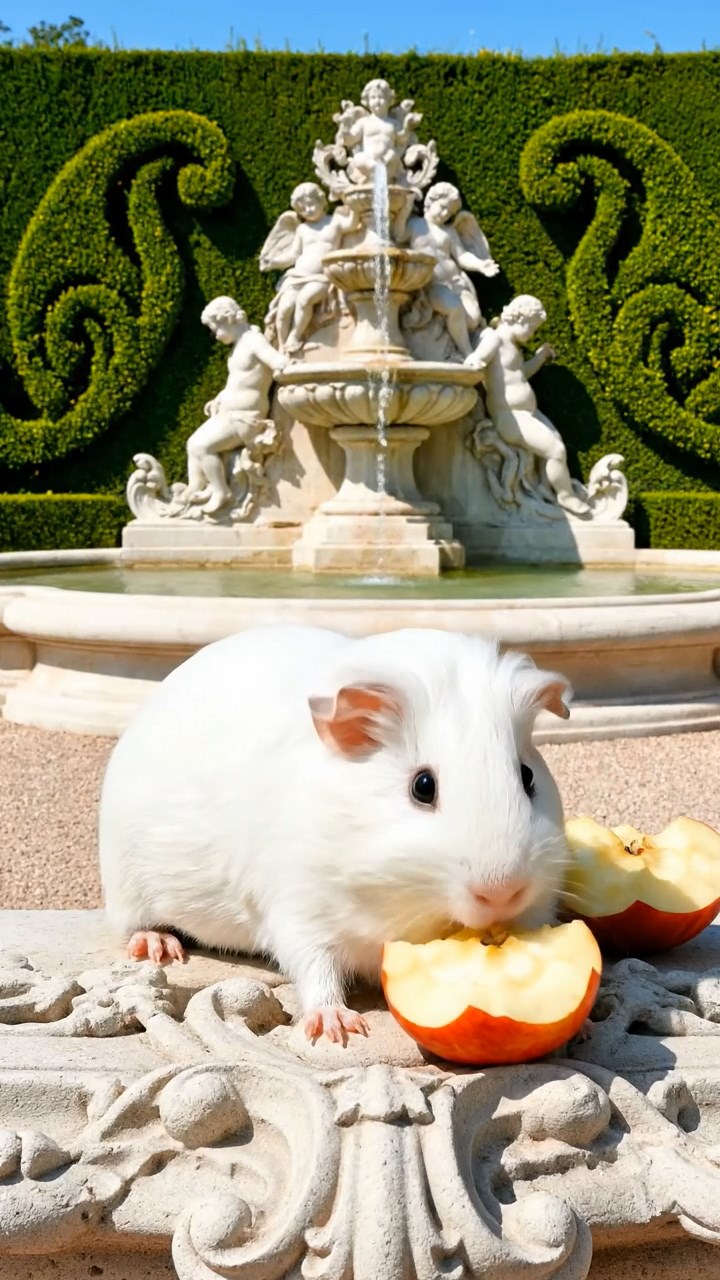 876. Realistic scene of 1 smooth-haired Californian guinea pig with Cream fur, nibbling on strawberries, in a fragrant rose garden with blooming red and white roses, under warm sunlight, capturing a vivid, lifelike romantic moment.