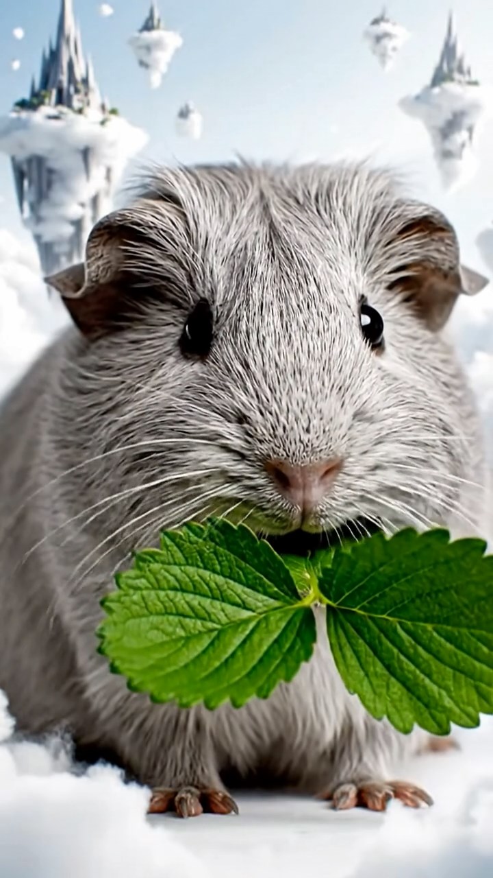 881. Detailed photo of 1 smooth-haired American guinea pig with White fur, munching on fresh apples, in a vibrant lavender garden with rows of purple blooms swaying in the breeze, under soft sunlight, creating a realistic, fragrant pastoral scene.