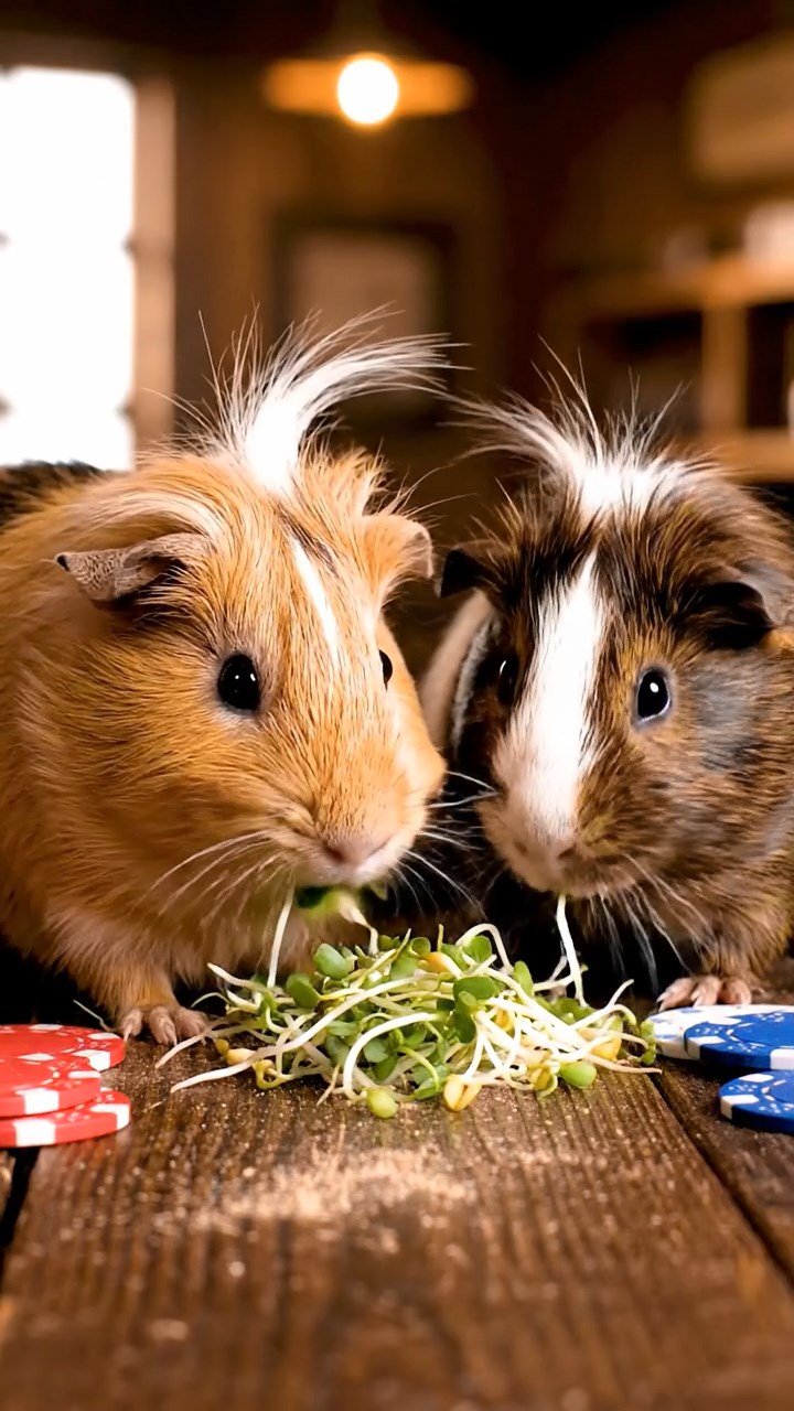 883. Highly detailed view of 3 smooth-haired Himalayan guinea pigs with Gray, Cream, and Brown fur, mating in a secluded grassy clearing surrounded by tall ferns and soft moss, under gentle morning light, creating a realistic, intimate natural scene.