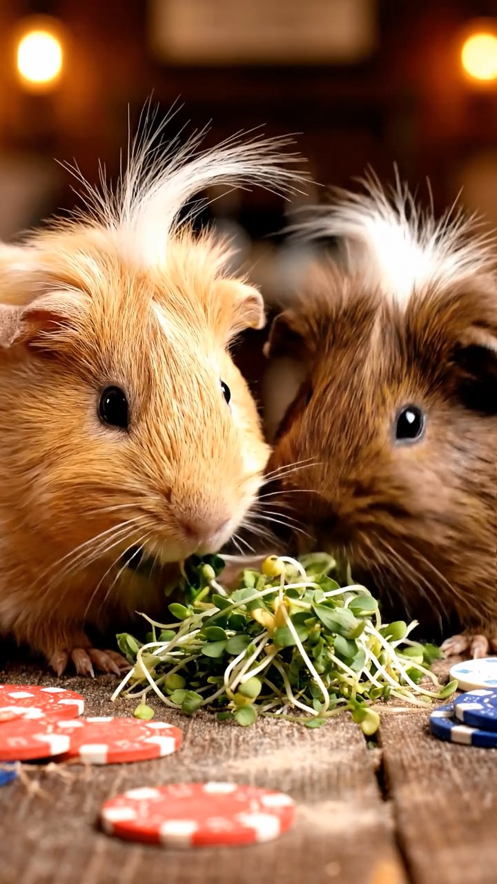 883. Highly detailed view of 3 smooth-haired Himalayan guinea pigs with Gray, Cream, and Brown fur, mating in a secluded grassy clearing surrounded by tall ferns and soft moss, under gentle morning light, creating a realistic, intimate natural scene.