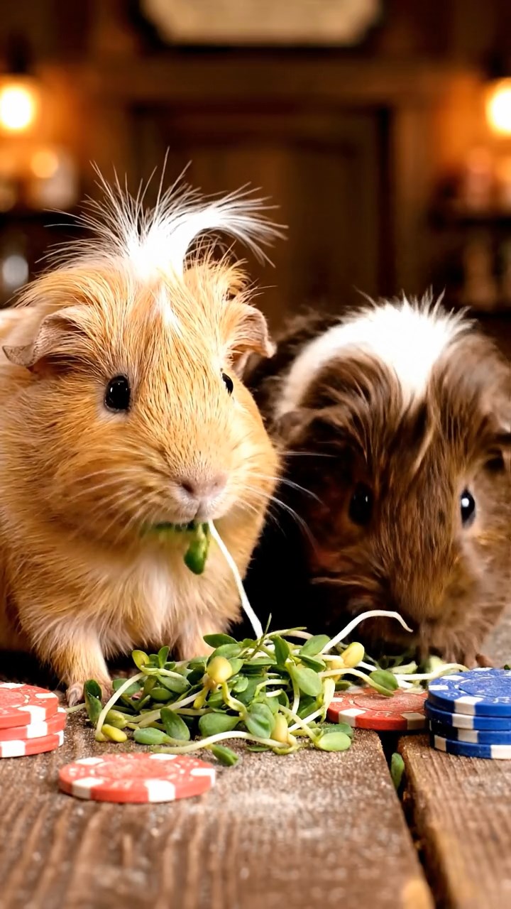 883. Highly detailed view of 3 smooth-haired Himalayan guinea pigs with Gray, Cream, and Brown fur, mating in a secluded grassy clearing surrounded by tall ferns and soft moss, under gentle morning light, creating a realistic, intimate natural scene.