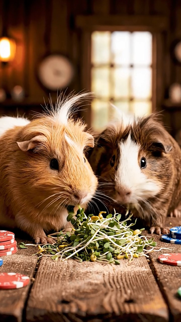 884. Realistic scene of 4 smooth-haired Californian guinea pigs with Fawn, Chocolate, Cinnamon, and Sable fur, dressed as firefighters in tiny uniforms, training with miniature hoses in a guinea pig village with hay houses, under glowing streetlights, capturing a heroic, lifelike moment.