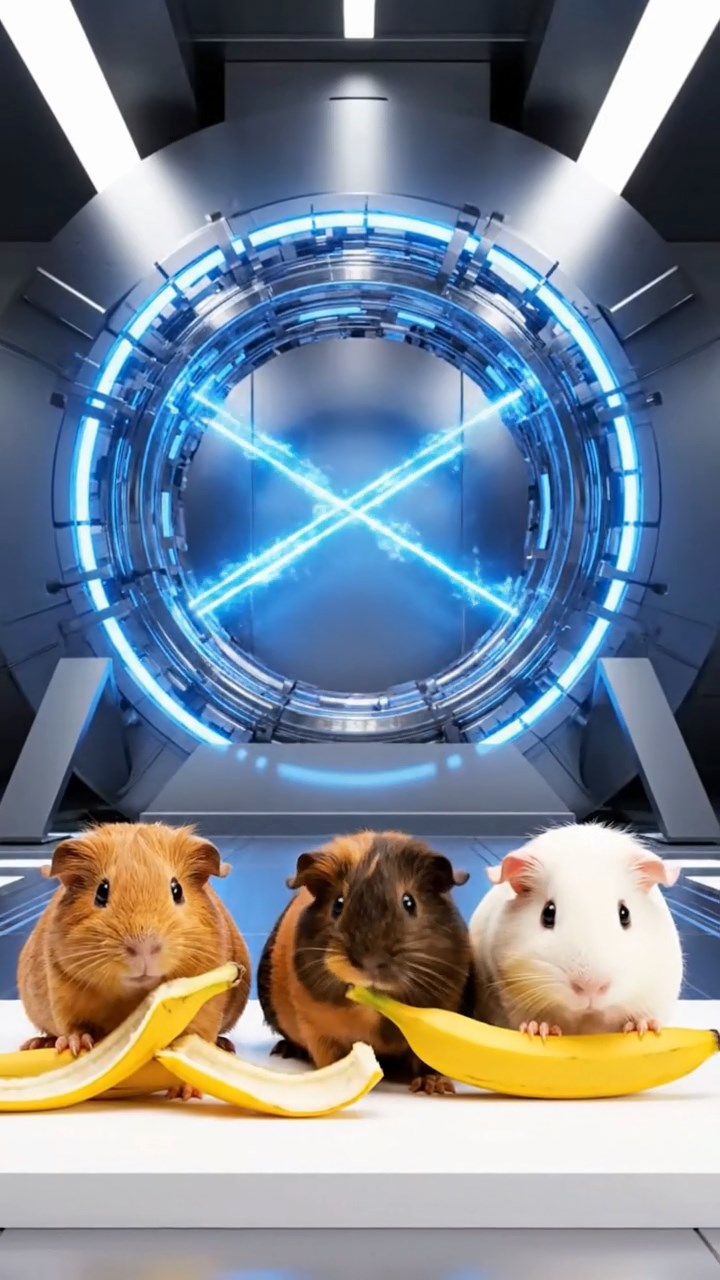 884. Realistic scene of 4 smooth-haired Californian guinea pigs with Fawn, Chocolate, Cinnamon, and Sable fur, dressed as firefighters in tiny uniforms, training with miniature hoses in a guinea pig village with hay houses, under glowing streetlights, capturing a heroic, lifelike moment.