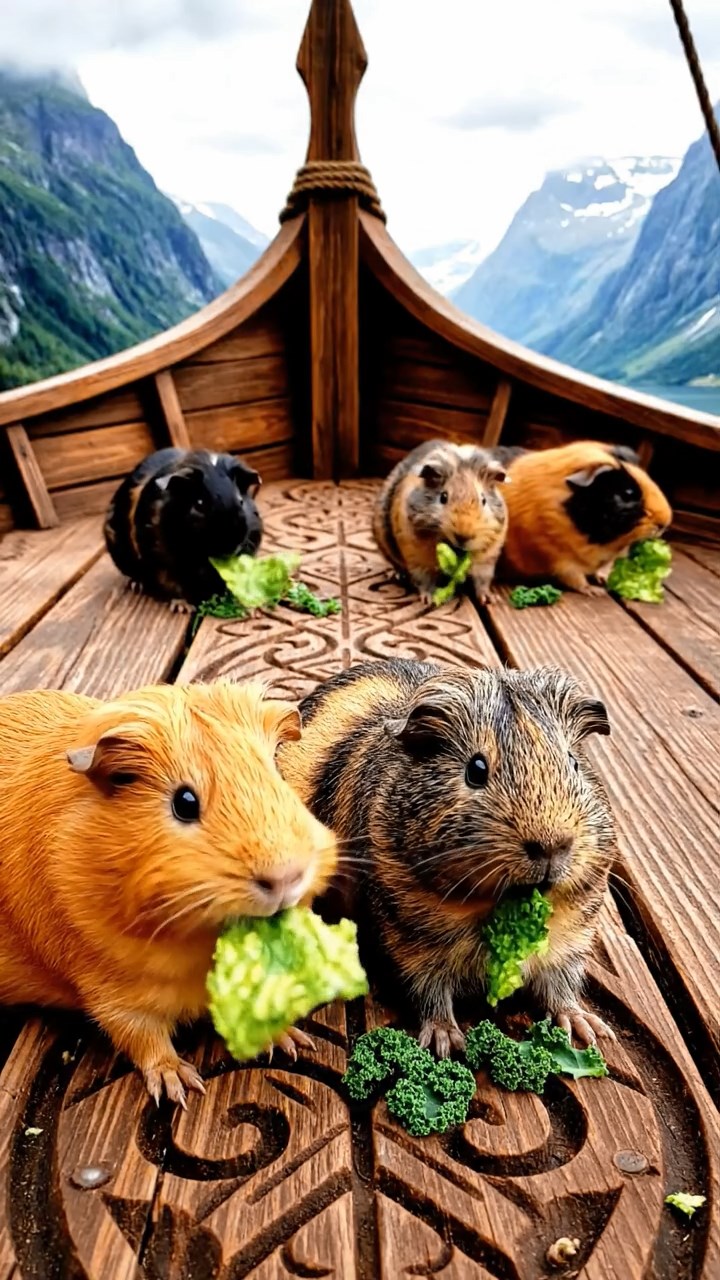 885. Detailed photo of 5 smooth-haired American guinea pigs with White, Orange, Gray, Black, and Brown fur, foraging for clover in a lush meadow with wildflowers and a trickling stream, under soft morning light, creating a realistic, serene pastoral scene.