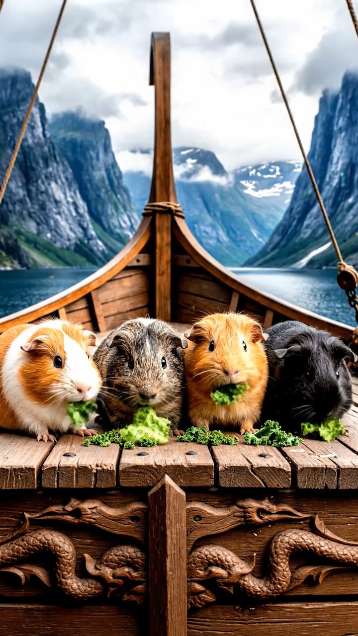 885. Detailed photo of 5 smooth-haired American guinea pigs with White, Orange, Gray, Black, and Brown fur, foraging for clover in a lush meadow with wildflowers and a trickling stream, under soft morning light, creating a realistic, serene pastoral scene.
