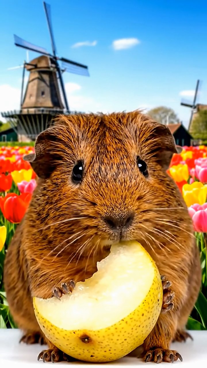 886. Photorealistic scene of 1 smooth-haired Teddy guinea pig with Cream fur, drinking from a clear stream, on a forested slope with pine needles and moss, under dappled sunlight, capturing a serene, lifelike moment of natural hydration.