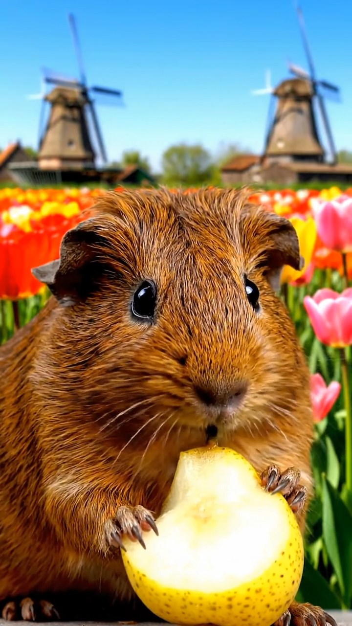 886. Photorealistic scene of 1 smooth-haired Teddy guinea pig with Cream fur, drinking from a clear stream, on a forested slope with pine needles and moss, under dappled sunlight, capturing a serene, lifelike moment of natural hydration.