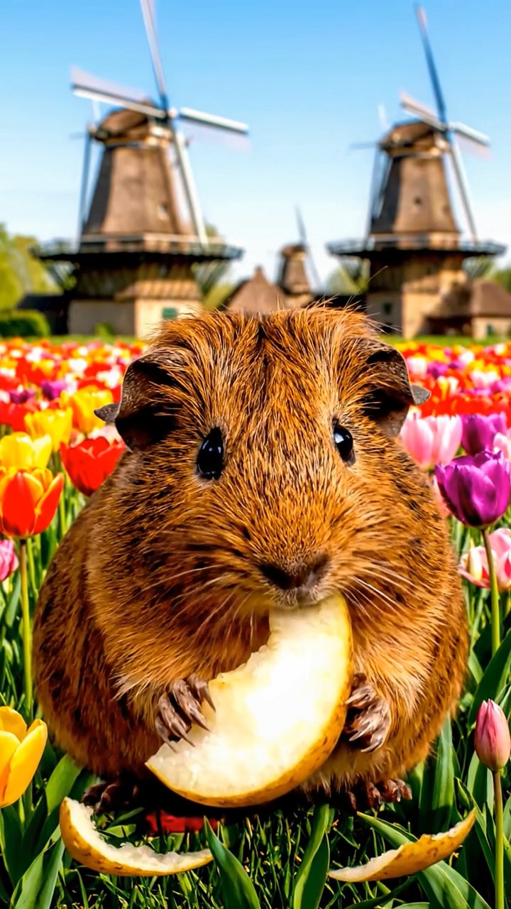 886. Photorealistic scene of 1 smooth-haired Teddy guinea pig with Cream fur, drinking from a clear stream, on a forested slope with pine needles and moss, under dappled sunlight, capturing a serene, lifelike moment of natural hydration.