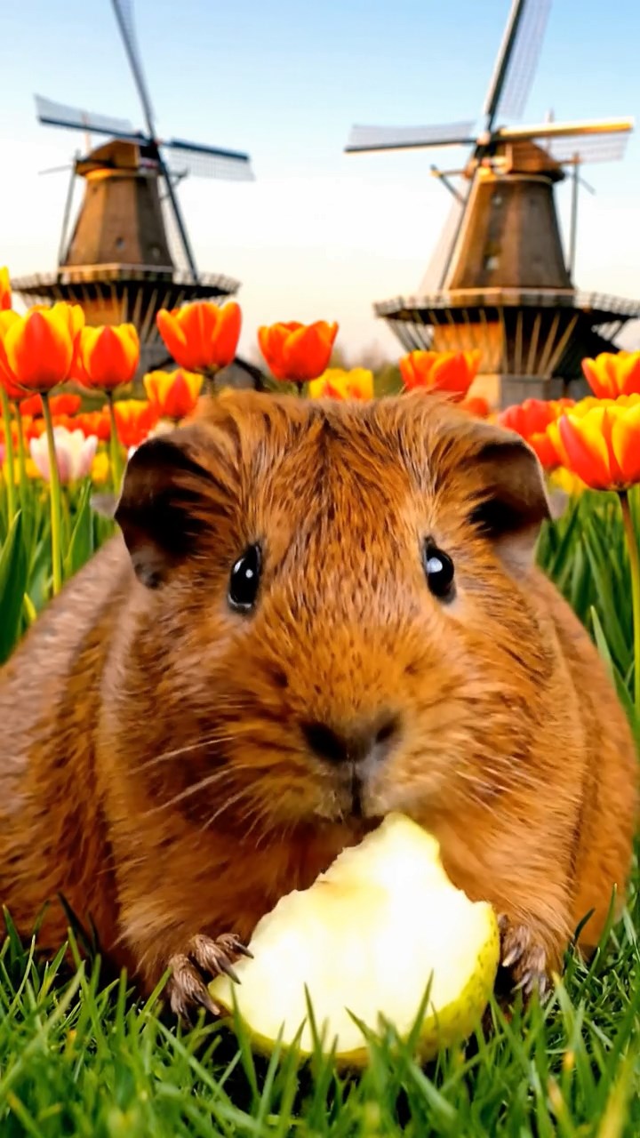 887. Highly detailed view of 2 smooth-haired Himalayan guinea pigs with Fawn and Sable fur, dressed as musicians in tiny vests, playing miniature drums in a guinea pig concert hall with hay seats and velvet curtains, under warm spotlights, creating a realistic, elegant scene.