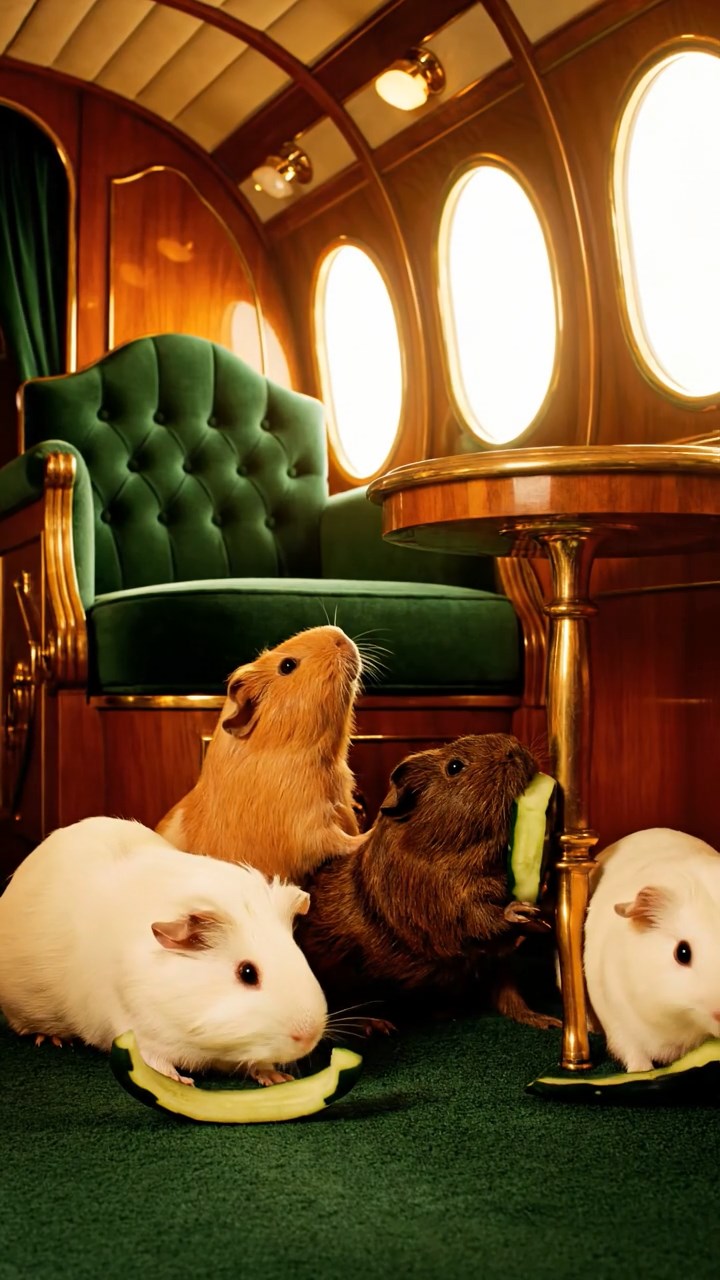 887. Highly detailed view of 2 smooth-haired Himalayan guinea pigs with Fawn and Sable fur, dressed as musicians in tiny vests, playing miniature drums in a guinea pig concert hall with hay seats and velvet curtains, under warm spotlights, creating a realistic, elegant scene.
