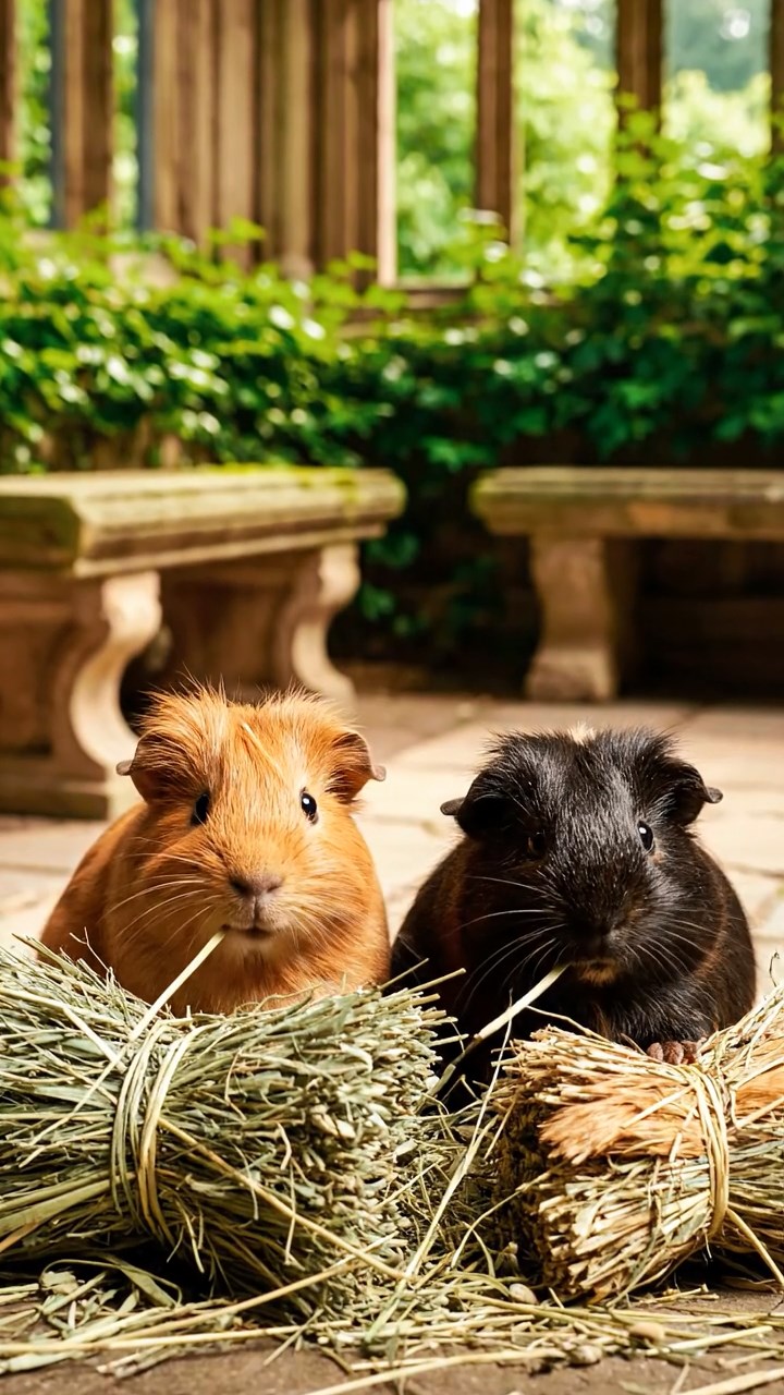 891. Highly detailed view of 1 smooth-haired Himalayan guinea pig with White fur, munching on bell peppers, in a vibrant vegetable garden with rows of tomatoes and lettuce, under bright sunlight, creating a realistic, colorful rural scene.