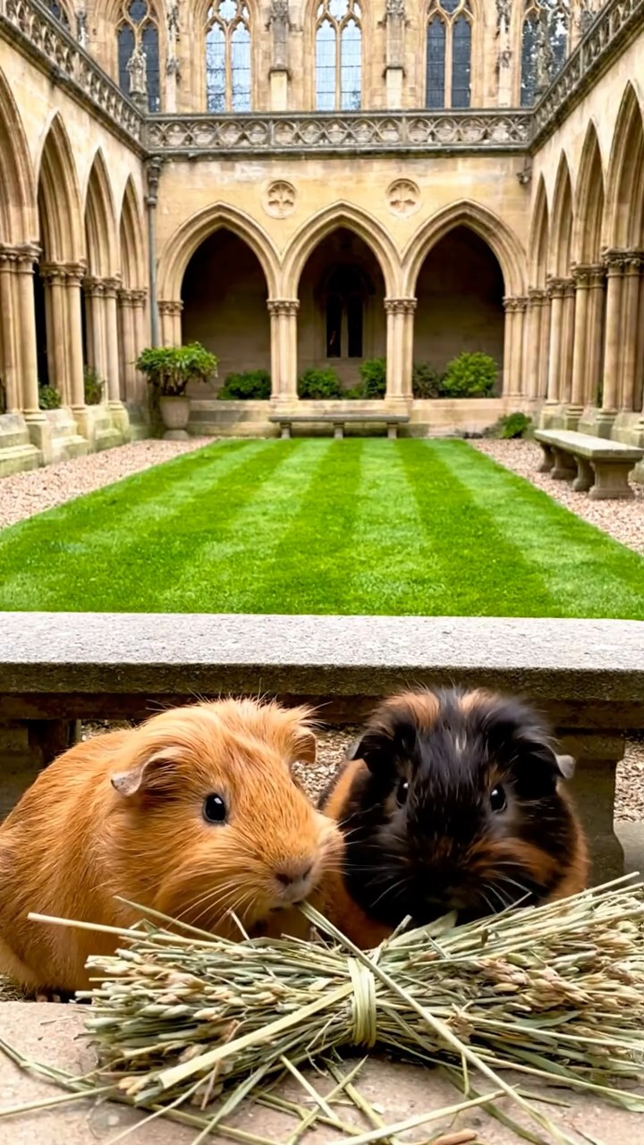 891. Highly detailed view of 1 smooth-haired Himalayan guinea pig with White fur, munching on bell peppers, in a vibrant vegetable garden with rows of tomatoes and lettuce, under bright sunlight, creating a realistic, colorful rural scene.
