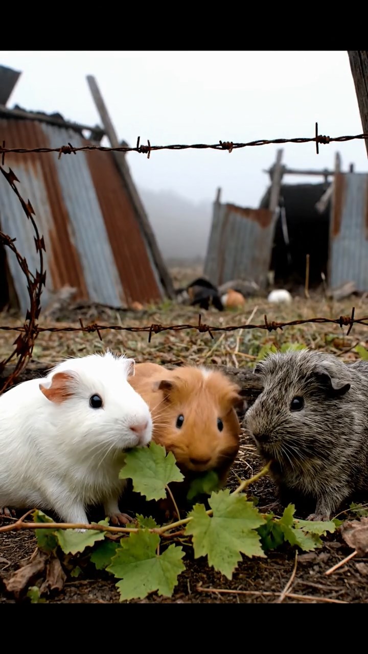 891. Highly detailed view of 1 smooth-haired Himalayan guinea pig with White fur, munching on bell peppers, in a vibrant vegetable garden with rows of tomatoes and lettuce, under bright sunlight, creating a realistic, colorful rural scene.