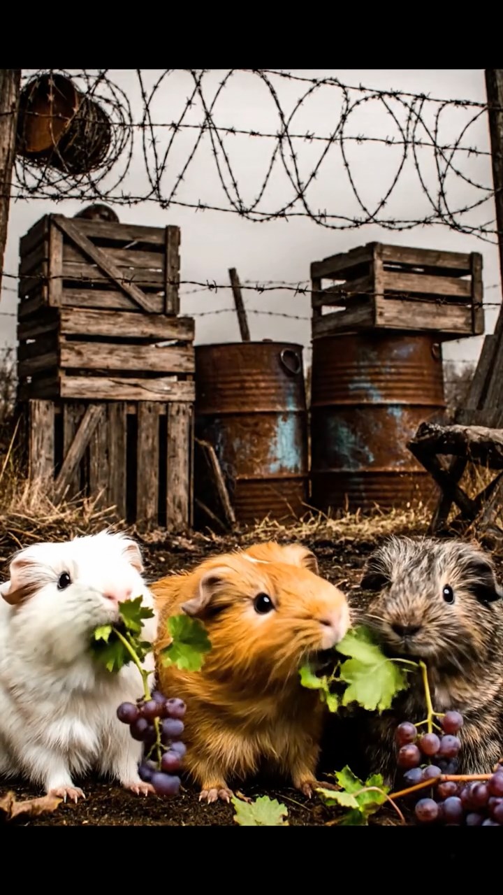 891. Highly detailed view of 1 smooth-haired Himalayan guinea pig with White fur, munching on bell peppers, in a vibrant vegetable garden with rows of tomatoes and lettuce, under bright sunlight, creating a realistic, colorful rural scene.