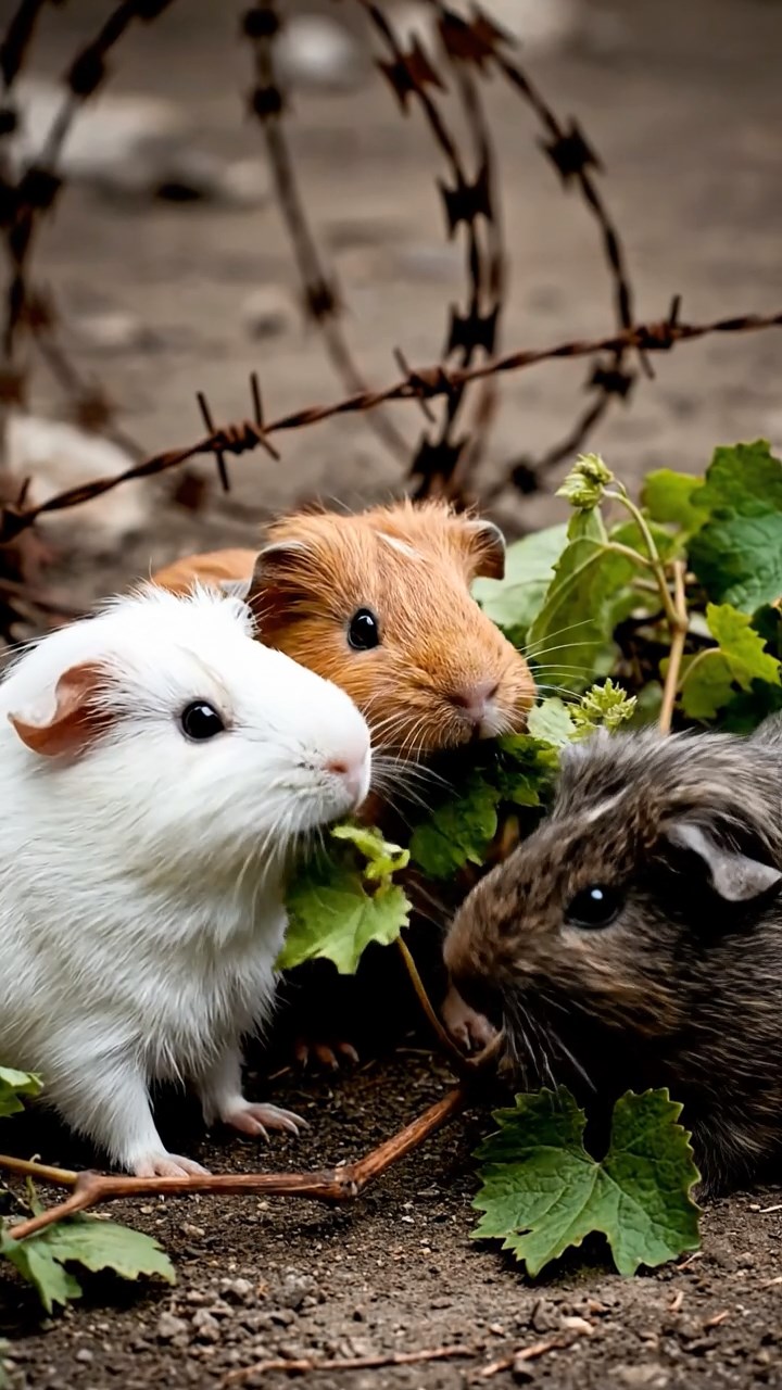 892. Realistic scene of 2 smooth-haired Californian guinea pigs with Orange and Black fur, dressed as tailors in tiny vests, sewing miniature shirts in a guinea pig atelier with colorful fabrics and hay mannequins, under warm lamplight, enhancing the lifelike, creative atmosphere.