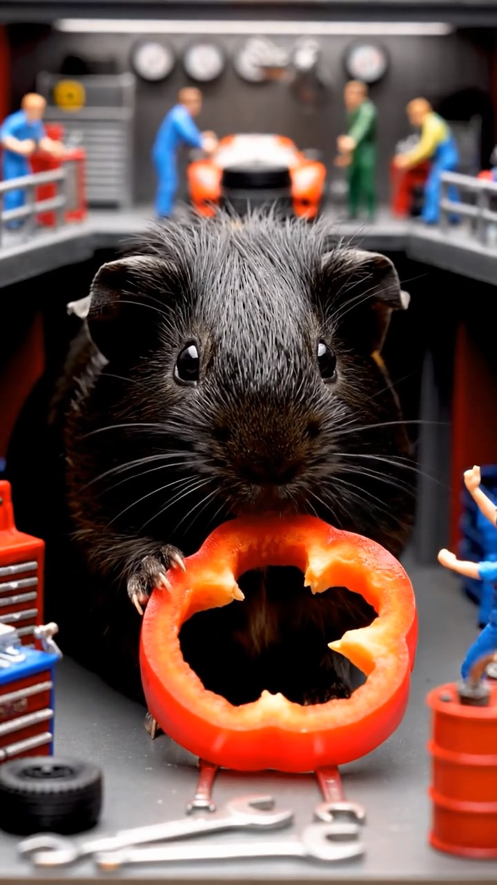 892. Realistic scene of 2 smooth-haired Californian guinea pigs with Orange and Black fur, dressed as tailors in tiny vests, sewing miniature shirts in a guinea pig atelier with colorful fabrics and hay mannequins, under warm lamplight, enhancing the lifelike, creative atmosphere.