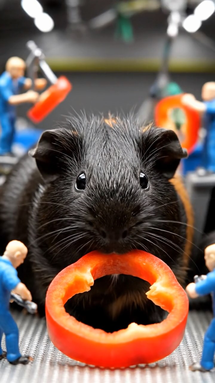 892. Realistic scene of 2 smooth-haired Californian guinea pigs with Orange and Black fur, dressed as tailors in tiny vests, sewing miniature shirts in a guinea pig atelier with colorful fabrics and hay mannequins, under warm lamplight, enhancing the lifelike, creative atmosphere.