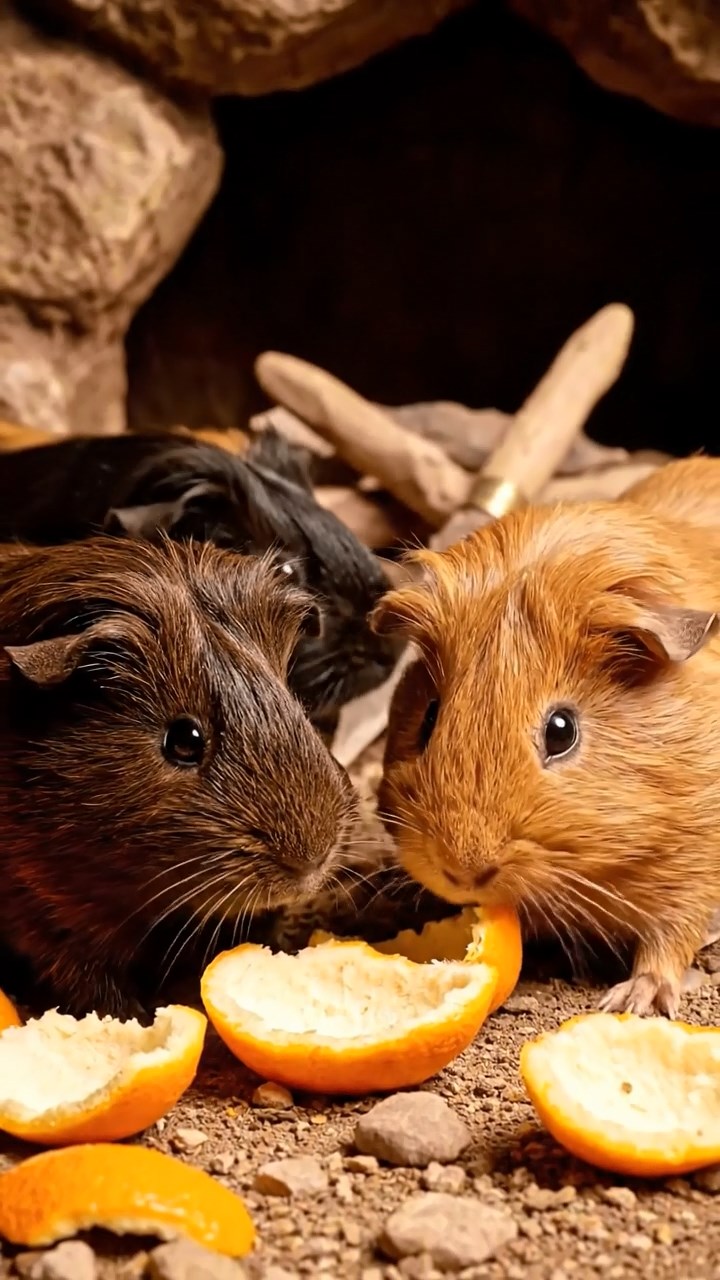 894. Photorealistic scene of 4 smooth-haired Teddy guinea pigs with Fawn, Chocolate, Cinnamon, and Sable fur, dressed as librarians in tiny glasses, cataloging miniature books in a guinea pig library with hay shelves and soft lamplight, capturing a realistic, cozy moment.