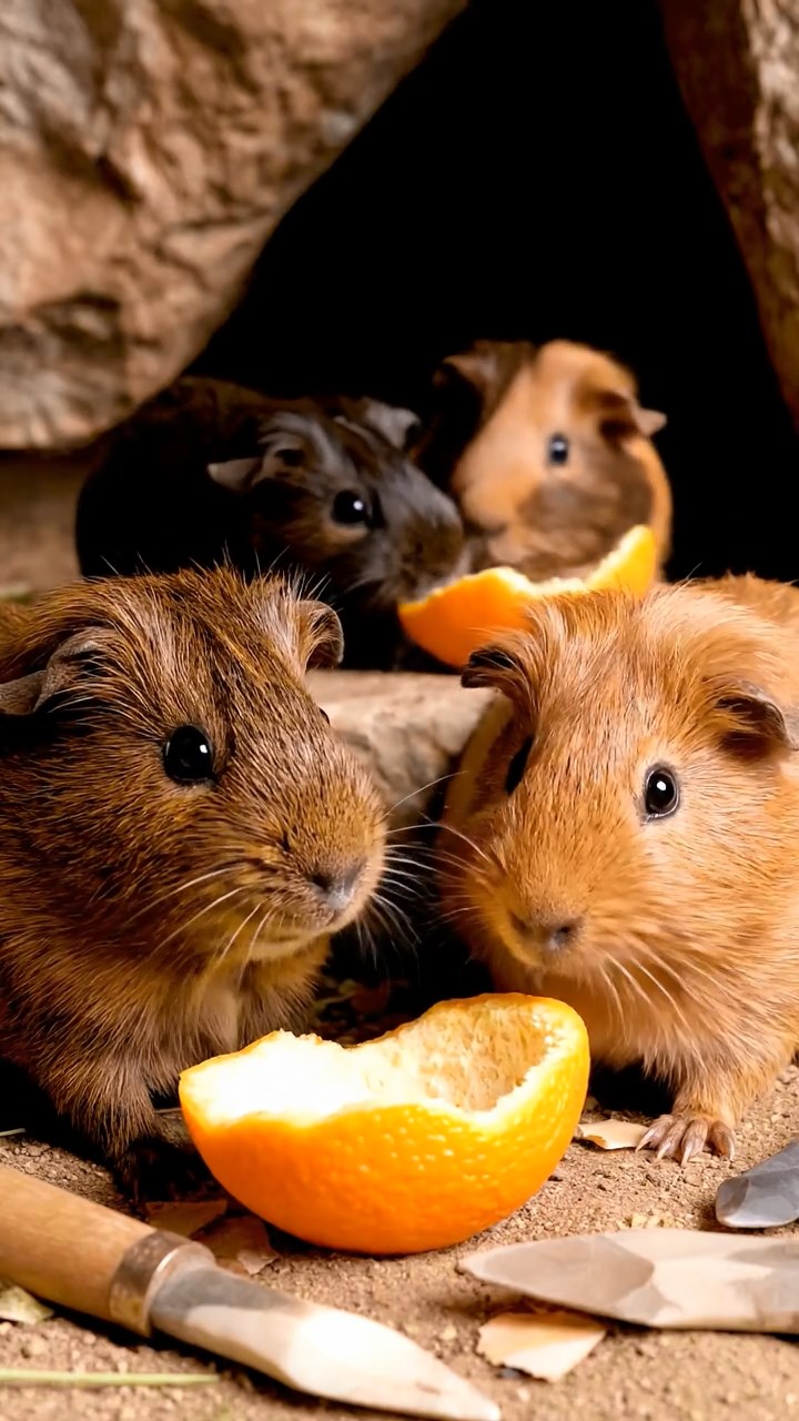 894. Photorealistic scene of 4 smooth-haired Teddy guinea pigs with Fawn, Chocolate, Cinnamon, and Sable fur, dressed as librarians in tiny glasses, cataloging miniature books in a guinea pig library with hay shelves and soft lamplight, capturing a realistic, cozy moment.