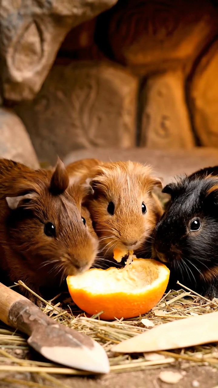 895. Highly detailed view of 5 smooth-haired Himalayan guinea pigs with White, Orange, Gray, Black, and Brown fur, foraging for wild herbs in a lush meadow with wildflowers and a babbling brook, under soft morning light, creating a realistic, serene pastoral scene.