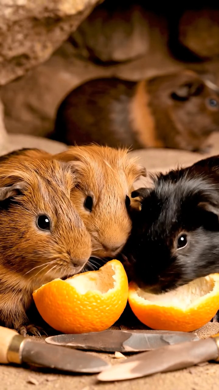 895. Highly detailed view of 5 smooth-haired Himalayan guinea pigs with White, Orange, Gray, Black, and Brown fur, foraging for wild herbs in a lush meadow with wildflowers and a babbling brook, under soft morning light, creating a realistic, serene pastoral scene.