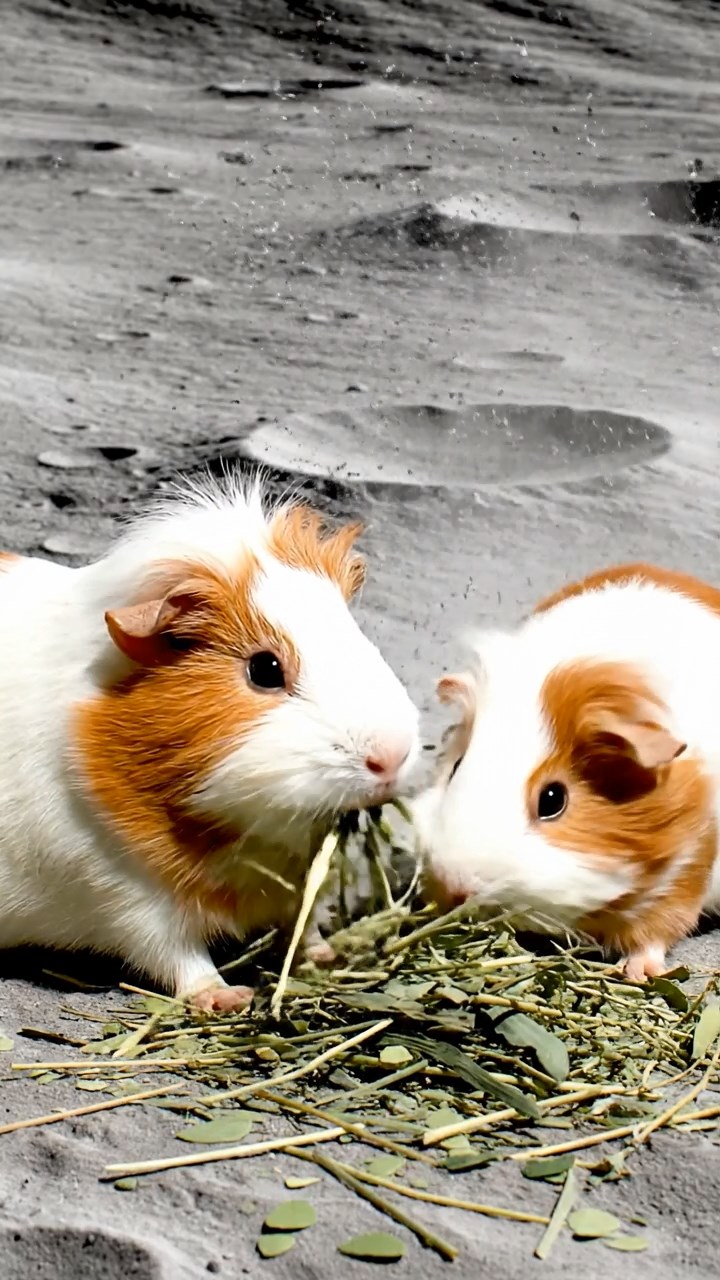 895. Highly detailed view of 5 smooth-haired Himalayan guinea pigs with White, Orange, Gray, Black, and Brown fur, foraging for wild herbs in a lush meadow with wildflowers and a babbling brook, under soft morning light, creating a realistic, serene pastoral scene.