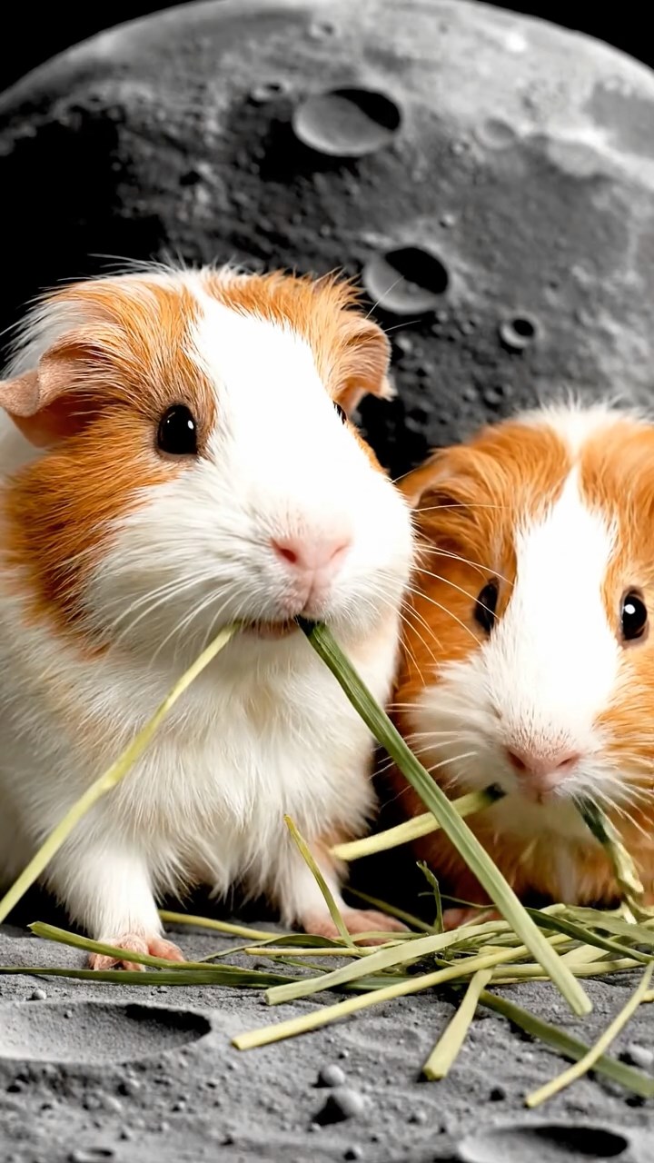 895. Highly detailed view of 5 smooth-haired Himalayan guinea pigs with White, Orange, Gray, Black, and Brown fur, foraging for wild herbs in a lush meadow with wildflowers and a babbling brook, under soft morning light, creating a realistic, serene pastoral scene.