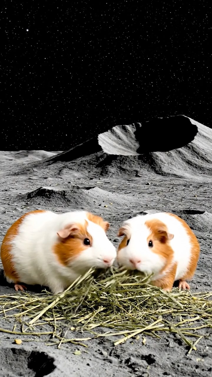 896. Realistic scene of 1 smooth-haired Californian guinea pig with Cream fur, nibbling on strawberries, in a fragrant rose garden with blooming red and white roses, under warm sunlight, capturing a vivid, lifelike romantic moment.