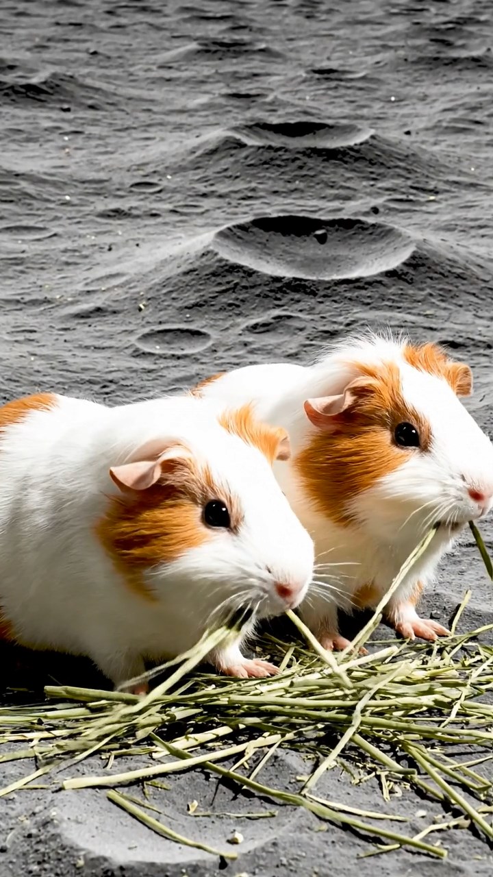 896. Realistic scene of 1 smooth-haired Californian guinea pig with Cream fur, nibbling on strawberries, in a fragrant rose garden with blooming red and white roses, under warm sunlight, capturing a vivid, lifelike romantic moment.