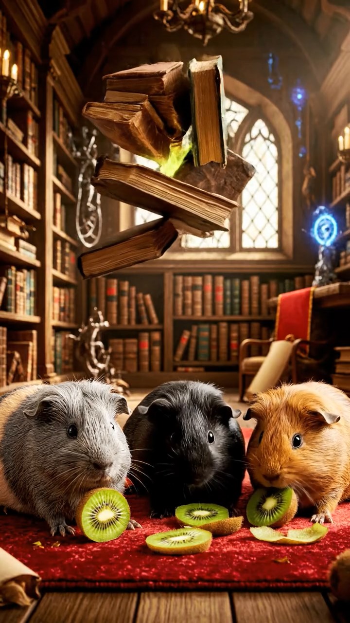 897. Detailed photo of 2 smooth-haired American guinea pigs with Fawn and Sable fur, dressed as bakers in tiny aprons, baking bread in a guinea pig bakery with hay ovens and wooden counters, under soft lamplight, creating a realistic, cozy culinary scene.