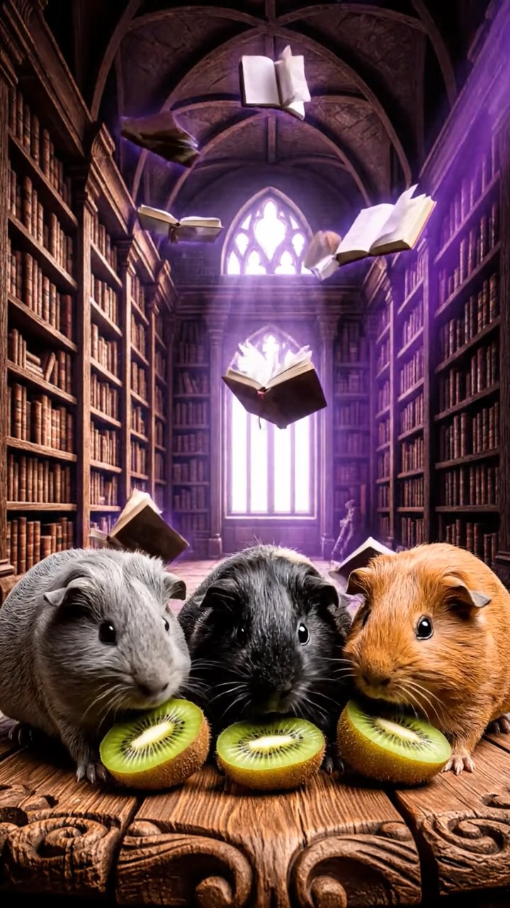 897. Detailed photo of 2 smooth-haired American guinea pigs with Fawn and Sable fur, dressed as bakers in tiny aprons, baking bread in a guinea pig bakery with hay ovens and wooden counters, under soft lamplight, creating a realistic, cozy culinary scene.