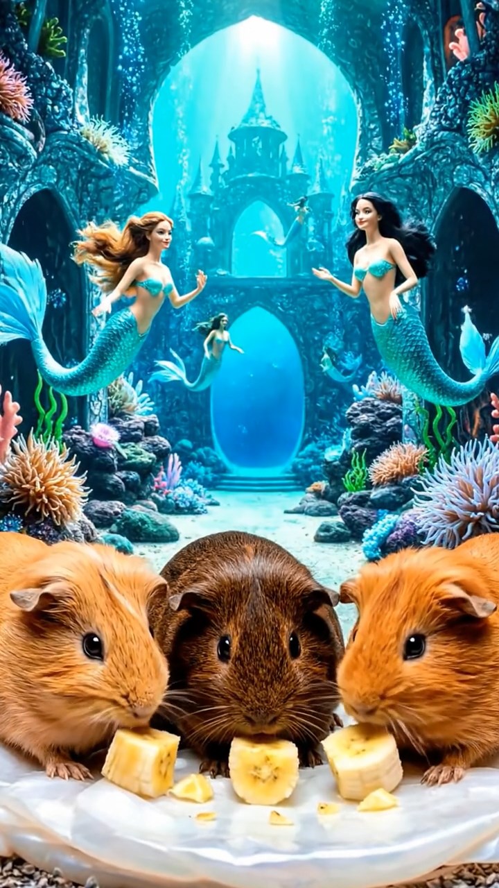 898. Photorealistic scene of 3 smooth-haired Teddy guinea pigs with Chocolate, Cinnamon, and Gray fur, climbing small rocks in a forested glade with soft moss and scattered leaves, under dappled sunlight, enhancing the authentic, adventurous atmosphere.