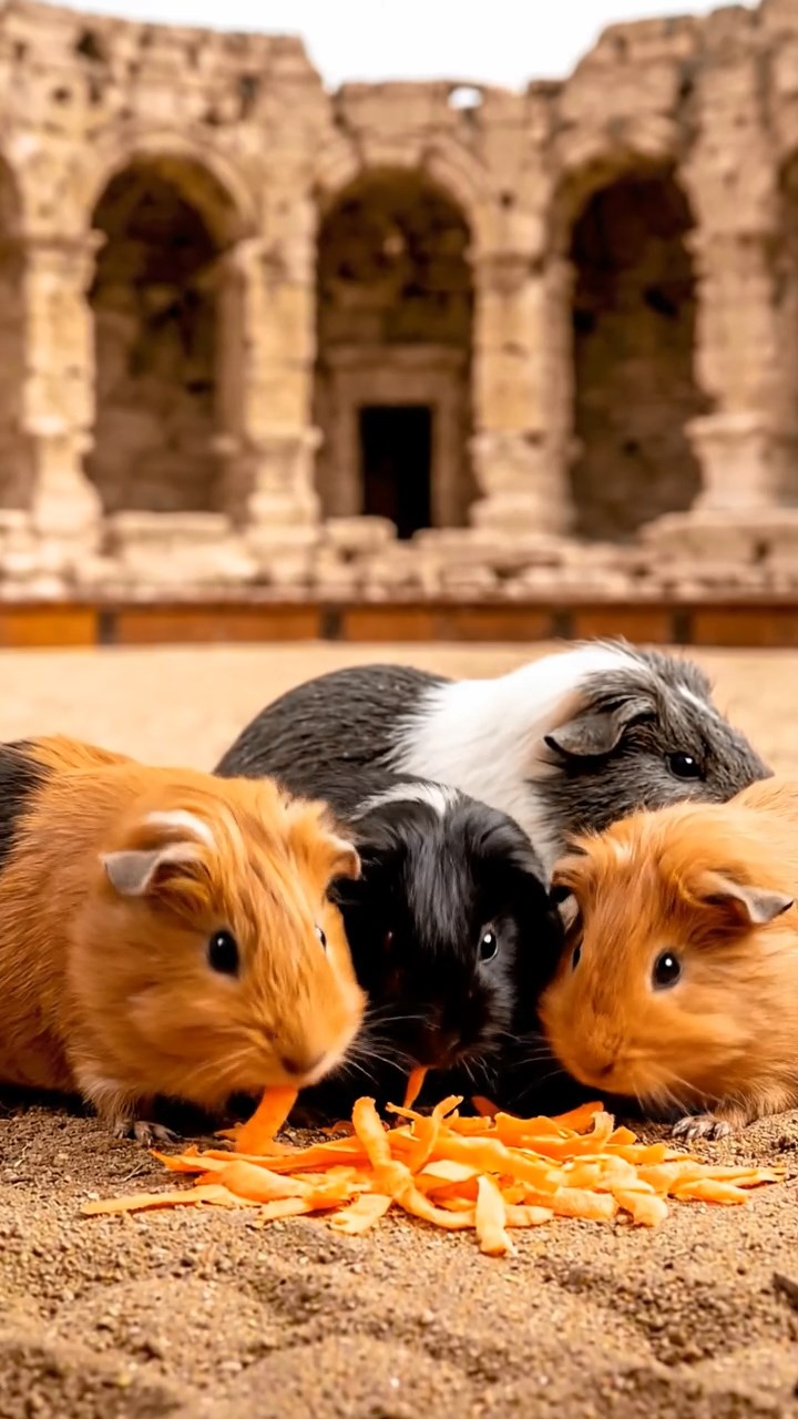 901. Detailed photo of 1 smooth-haired American guinea pig with White fur, meticulously nibbling on fresh carrots, delicately holding each piece with tiny paws while chewing rhythmically, in a vibrant wildflower field with buzzing bees and colorful butterflies fluttering around, under soft sunlight filtering through wispy clouds, creating a realistic, serene scene of peaceful foraging in a lush meadow dotted with daisies and clover.