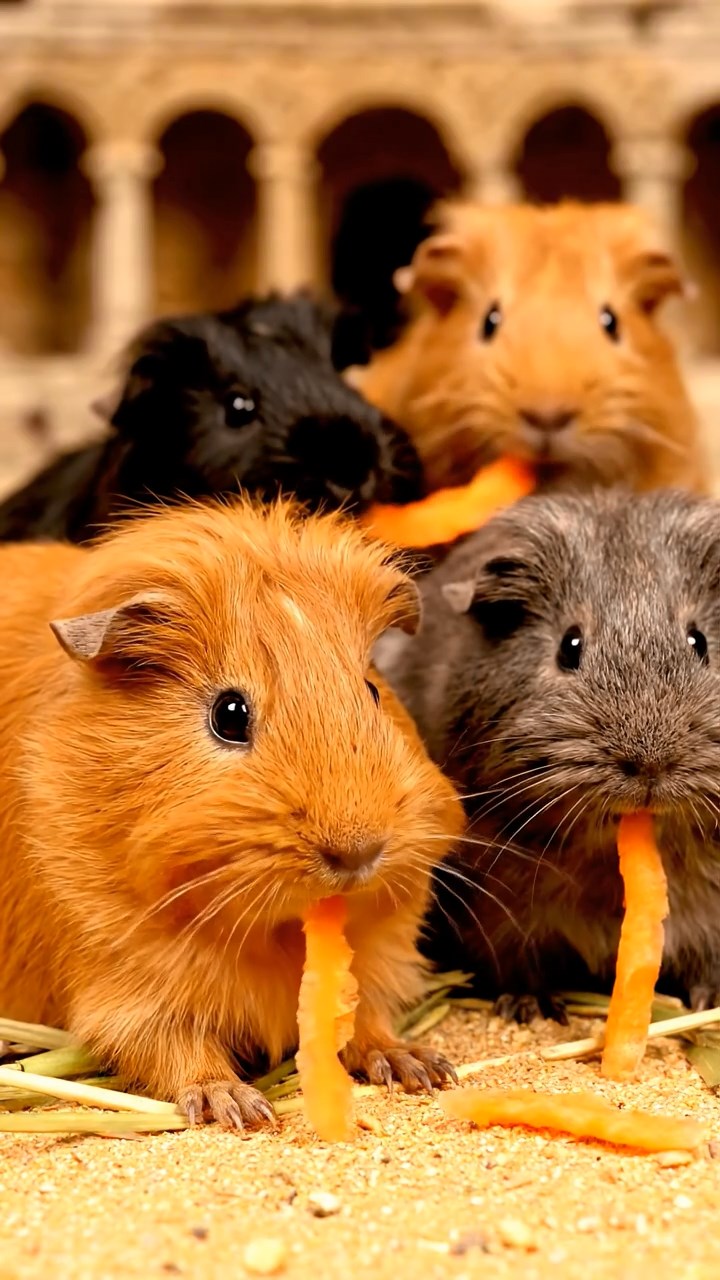 901. Detailed photo of 1 smooth-haired American guinea pig with White fur, meticulously nibbling on fresh carrots, delicately holding each piece with tiny paws while chewing rhythmically, in a vibrant wildflower field with buzzing bees and colorful butterflies fluttering around, under soft sunlight filtering through wispy clouds, creating a realistic, serene scene of peaceful foraging in a lush meadow dotted with daisies and clover.